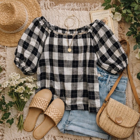 Cottagecore Puff Sleeve Gingham Plaid Off Shoulder Boho Top M - Picture 3 of 11